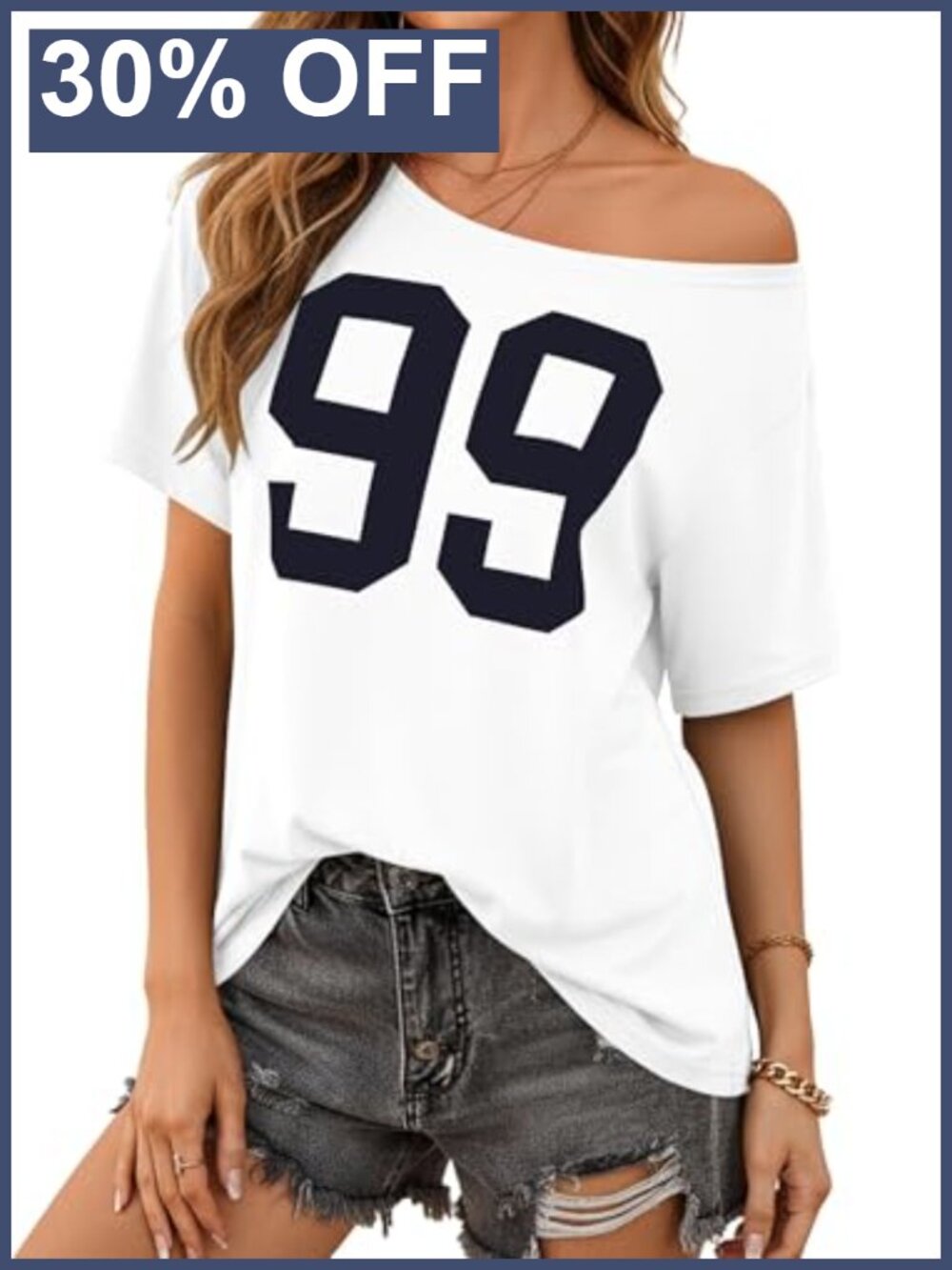 Off Shoulder Short Sleeve Graphic Tee Asymmetrical Polyester